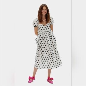 Sleeper White Midi linen Dress with Black Polka Dots